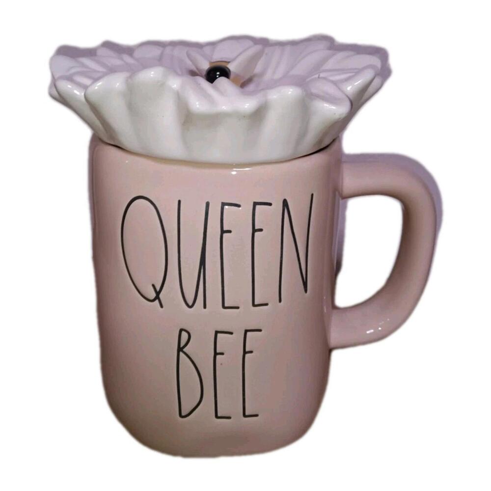 Rae Dunn Pink "Queen Bee" Mug With White Daisy Flower Topper Bumble Bee Keeper